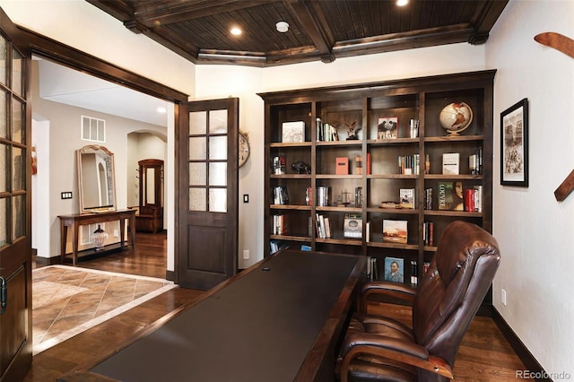 office featuring wood finished floors, visible vents, recessed lighting, wooden ceiling, and beamed ceiling