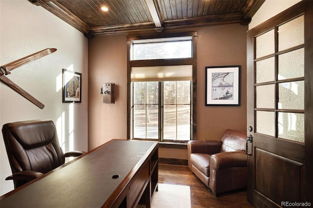 home office featuring beam ceiling, dark wood-type flooring, wooden ceiling, and ornamental molding