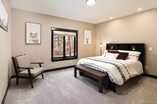 bedroom with recessed lighting, baseboards, and carpet