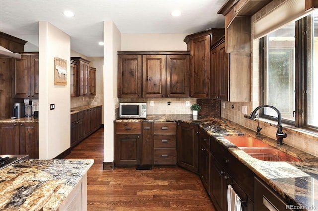 kitchen featuring a sink, stainless steel microwave, dark wood-type flooring, and a wealth of natural light