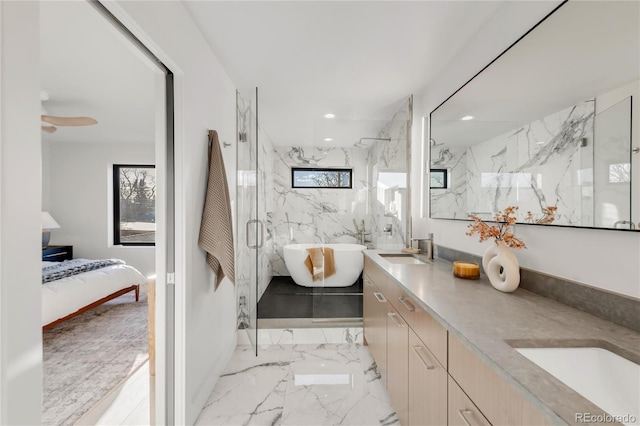 bathroom with independent shower and bath, vanity, and ceiling fan