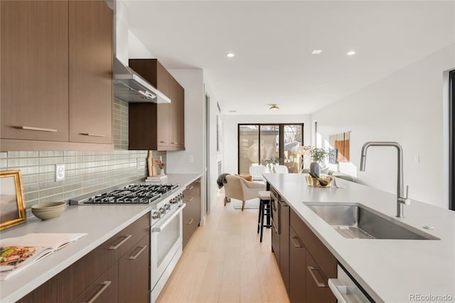 kitchen with sink, stainless steel stove, backsplash, light hardwood / wood-style floors, and wall chimney exhaust hood