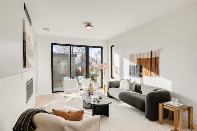 living room with a fireplace