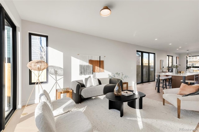 living room with light hardwood / wood-style floors and a healthy amount of sunlight