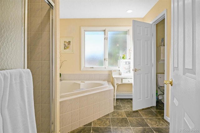 595 W Oak Hill Ln, Castle Rock, CO 80108 - full bathroom featuring a garden tub, toilet, a shower stall, and vanity