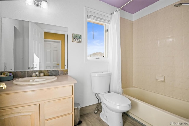 595 W Oak Hill Ln, Castle Rock, CO 80108 - bathroom featuring wood finished floors, vanity, shower / bath combination with curtain, toilet, and baseboards