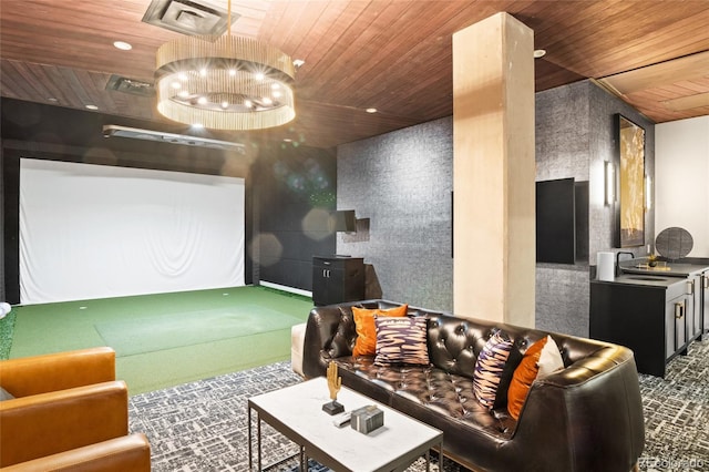 interior space with visible vents, carpet floors, recessed lighting, wooden ceiling, and golf simulator