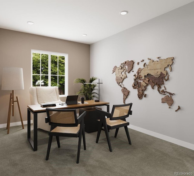 carpeted office space featuring baseboards and recessed lighting