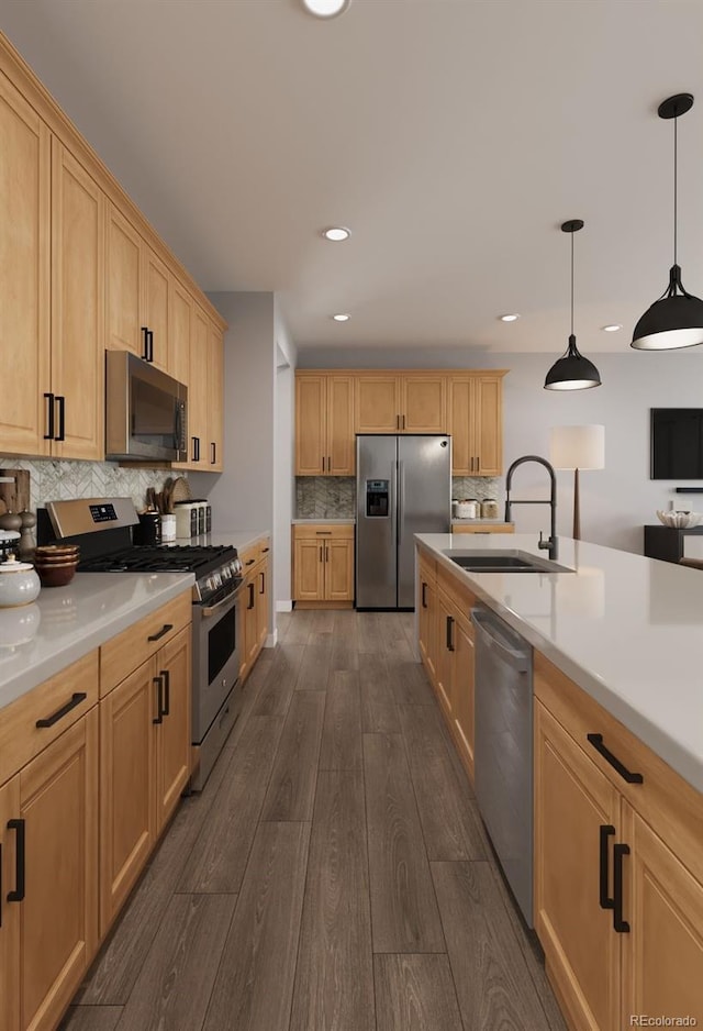 kitchen with a sink, stainless steel appliances, light brown cabinetry, and decorative backsplash
