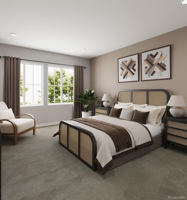 carpeted bedroom featuring baseboards and recessed lighting