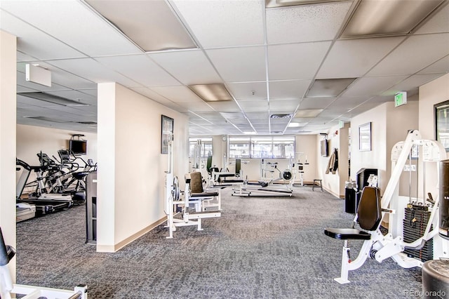 gym featuring a paneled ceiling, baseboards, and carpet floors