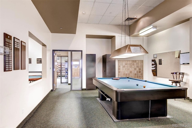 playroom with visible vents, a paneled ceiling, a high ceiling, and pool table