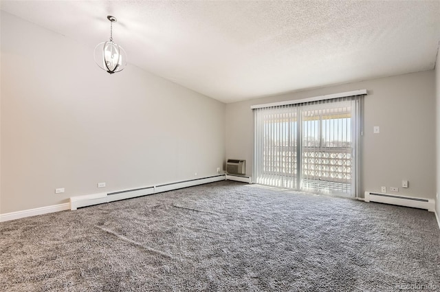 carpeted spare room featuring a wall unit AC, baseboards, a baseboard radiator, a textured ceiling, and a baseboard heating unit