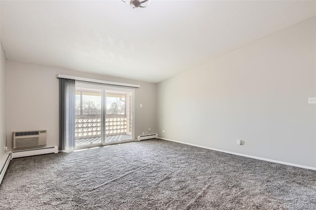 unfurnished room featuring carpet flooring, a wall mounted AC, baseboards, and a baseboard radiator