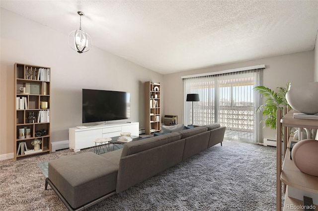 720 S Clinton St Unit 2D, Denver, CO 80247 - living room with a baseboard heating unit, vaulted ceiling, carpet flooring, and a textured ceiling