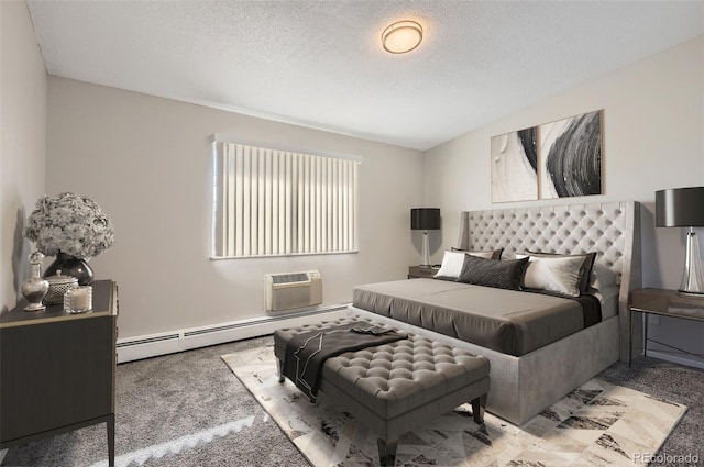 720 S Clinton St Unit 2D, Denver, CO 80247 - carpeted bedroom featuring a baseboard heating unit, a wall mounted air conditioner, and a textured ceiling