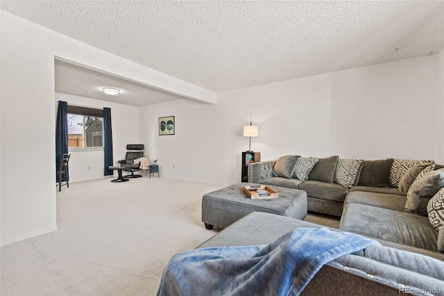 living room with carpet flooring and a textured ceiling