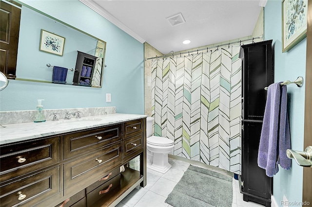 6015 S Milwaukee Way, Centennial, CO 80121 - bathroom featuring vanity, a shower with curtain, ornamental molding, and tile patterned flooring