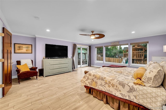 6015 S Milwaukee Way, Centennial, CO 80121 - bedroom with access to exterior, light wood finished floors, crown molding, and a ceiling fan