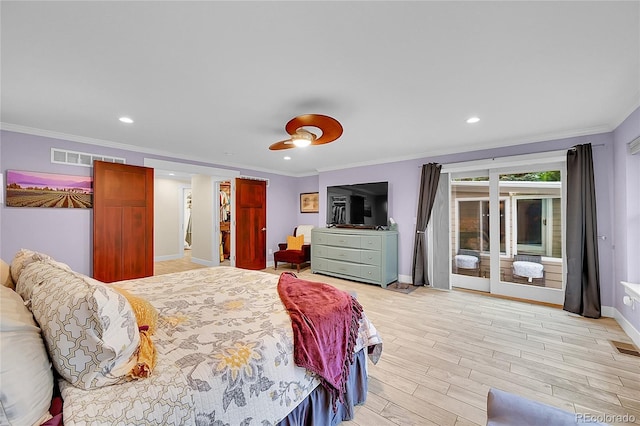 6015 S Milwaukee Way, Centennial, CO 80121 - bedroom with ornamental molding, light wood finished floors, french doors, ceiling fan, and recessed lighting