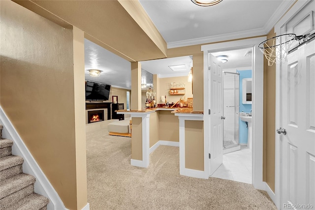 6015 S Milwaukee Way, Centennial, CO 80121 - hallway with light carpet, ornamental molding, and stairway