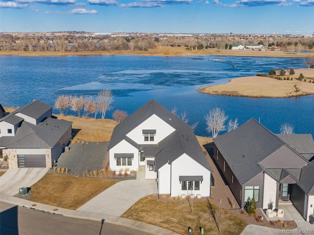 aerial view featuring a water view