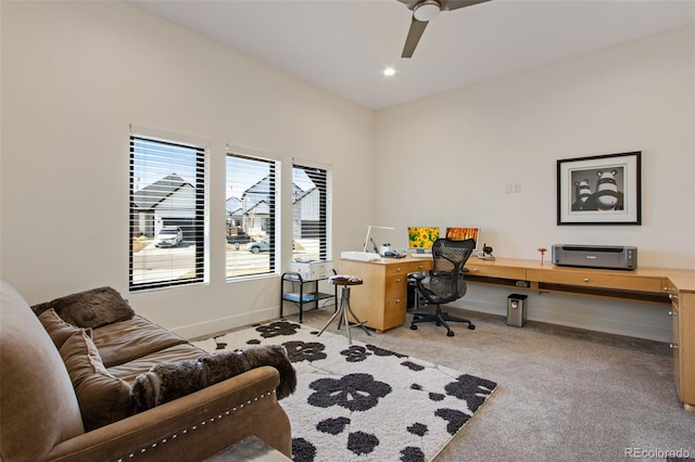 home office with recessed lighting, baseboards, light carpet, and ceiling fan