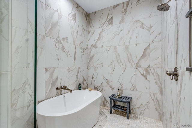 full bath with a freestanding tub and a tile shower