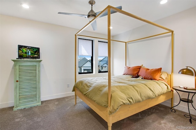 bedroom with a ceiling fan, carpet flooring, recessed lighting, and baseboards