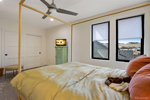 carpeted bedroom with recessed lighting, a closet, and ceiling fan