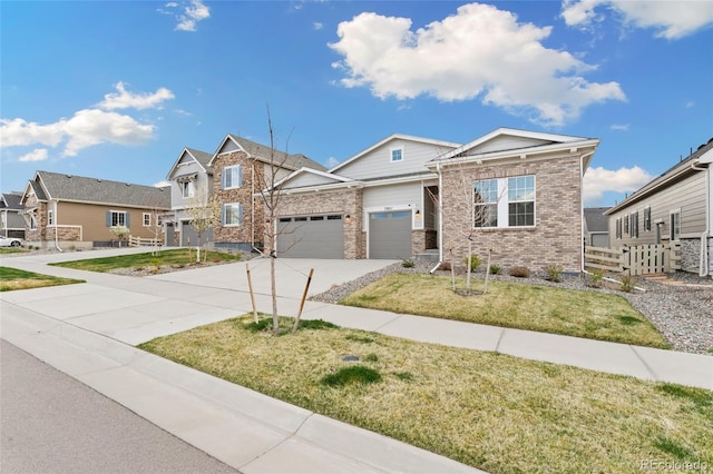 7051 S White Crow Way, Aurora, CO 80016 - craftsman house with concrete driveway, brick siding, a garage, a front lawn, and a residential view