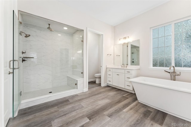 7051 S White Crow Way, Aurora, CO 80016 - bathroom with a shower stall, toilet, wood finished floors, vanity, and a soaking tub