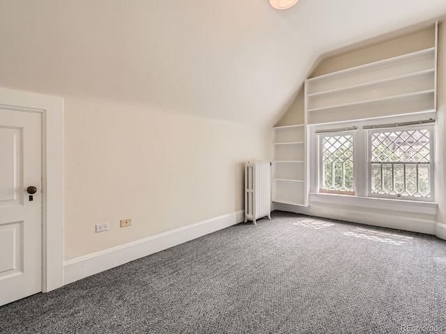 1453 Vine St, Denver, CO 80206 - additional living space featuring radiator, carpet flooring, vaulted ceiling, and baseboards