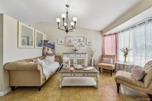20651 E 42nd Ave, Denver, CO 80249 - living room featuring a chandelier, lofted ceiling, and light tile patterned flooring