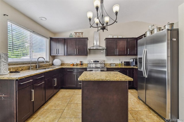 20651 E 42nd Ave, Denver, CO 80249 - kitchen with appliances with stainless steel finishes, wall chimney range hood, lofted ceiling, a center island, and dark brown cabinets