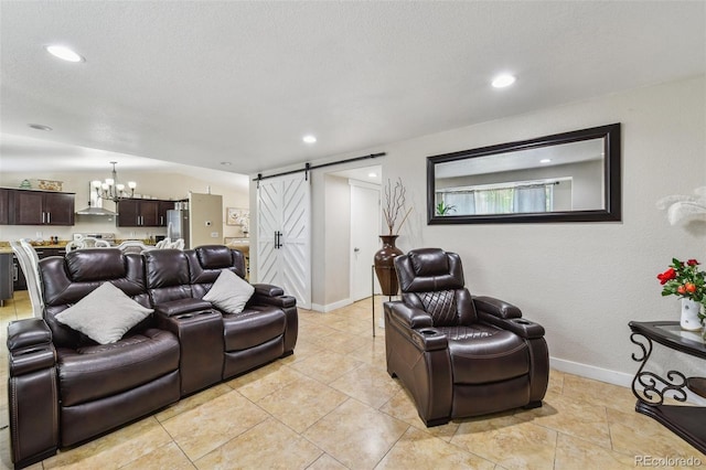 20651 E 42nd Ave, Denver, CO 80249 - living room featuring a barn door, recessed lighting, a chandelier, and light tile patterned flooring