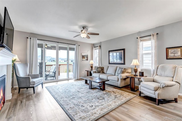 9055 Swan River St, Littleton, CO 80125 - living room with ceiling fan, plenty of natural light, and light wood-style flooring