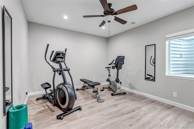 9055 Swan River St, Littleton, CO 80125 - exercise room with wood finished floors, recessed lighting, and ceiling fan