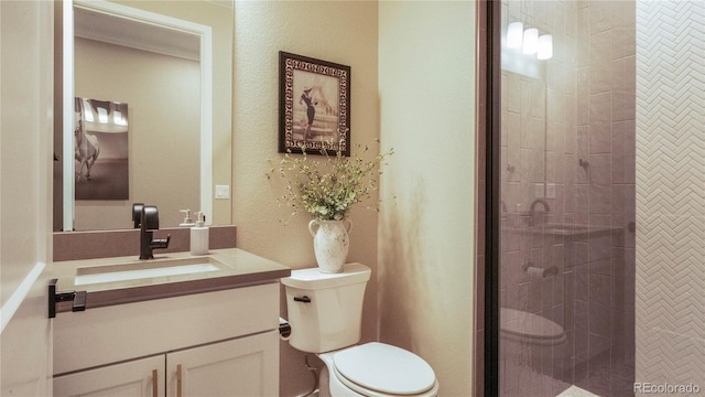 bathroom featuring vanity, a shower with door, and toilet