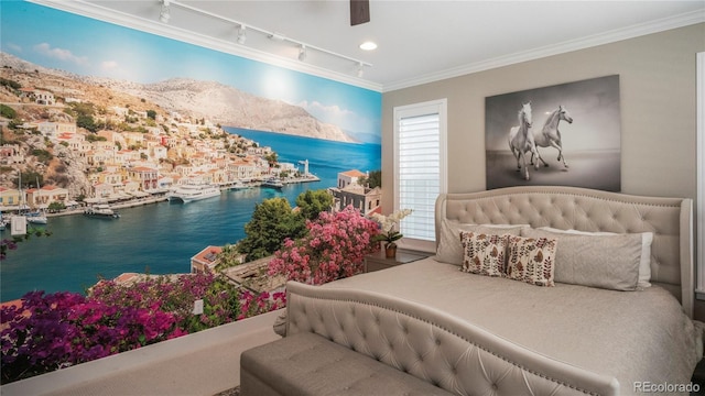 bedroom with a water view, ceiling fan, and ornamental molding