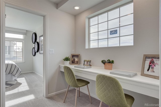 office area with light carpet, recessed lighting, and baseboards