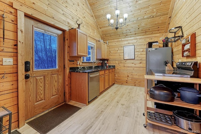 kitchen with lofted ceiling, light wood finished floors, wood walls, and stainless steel appliances