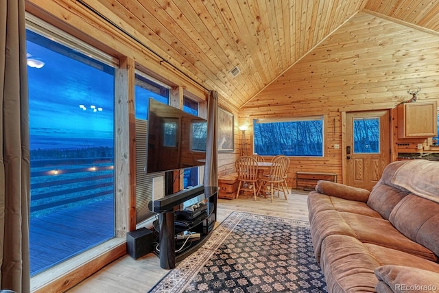 living area featuring visible vents, high vaulted ceiling, wood finished floors, wood walls, and wood ceiling