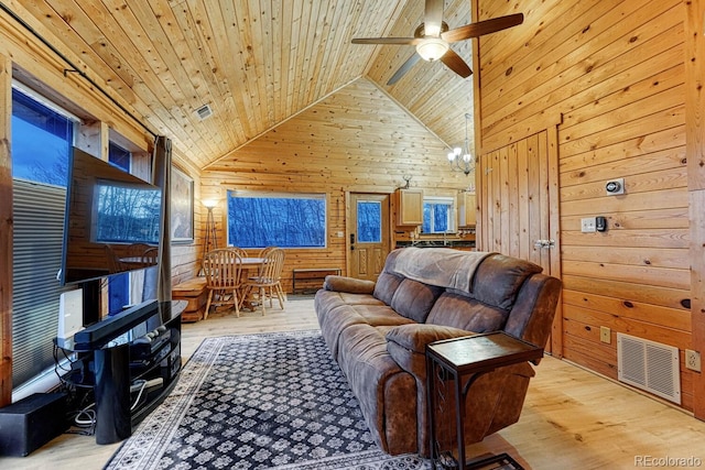 living area with wooden walls, a ceiling fan, visible vents, wooden ceiling, and light wood-type flooring