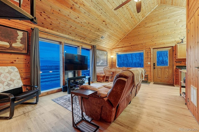 living area featuring light wood-style floors, wooden walls, and wooden ceiling