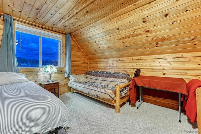 bedroom featuring wood ceiling, wood walls, carpet flooring, and vaulted ceiling