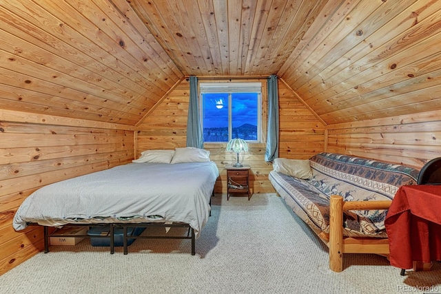 bedroom with carpet flooring, lofted ceiling, wood walls, and wooden ceiling