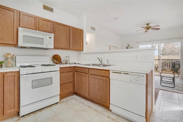 kitchen featuring a peninsula, white appliances, a sink, visible vents, and light countertops