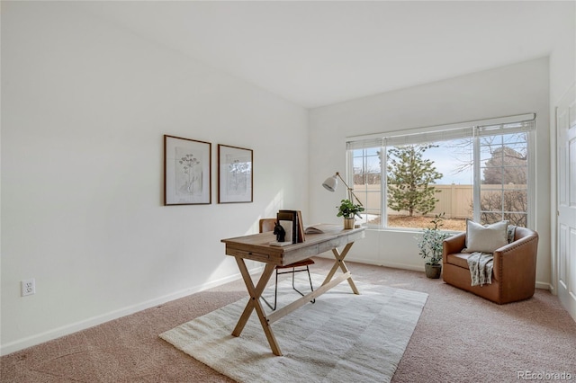 office area featuring baseboards and light colored carpet