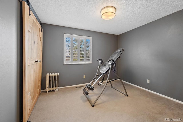 exercise room featuring a barn door, radiator, carpet, and a textured ceiling